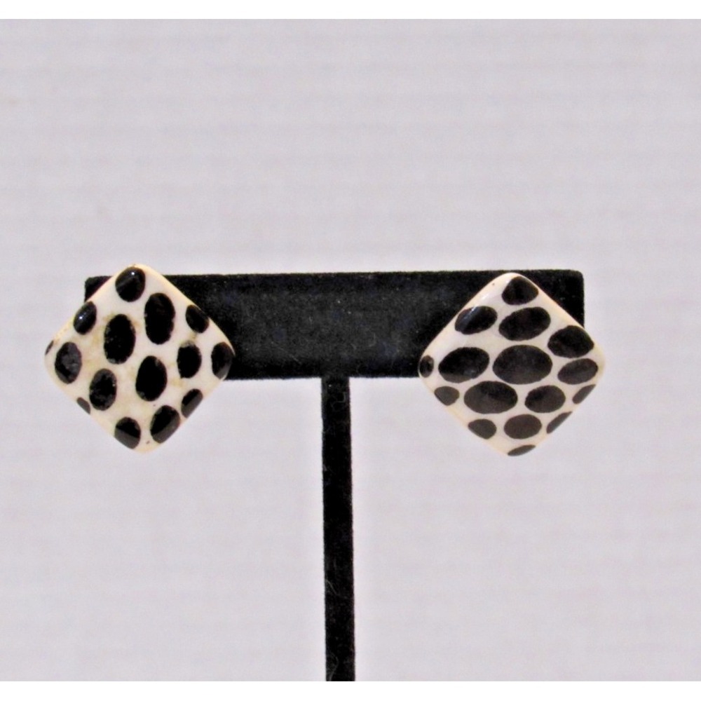 Vintage Black White Polka Dot Square Stud Earrings Retro Mod Spotted Geometric